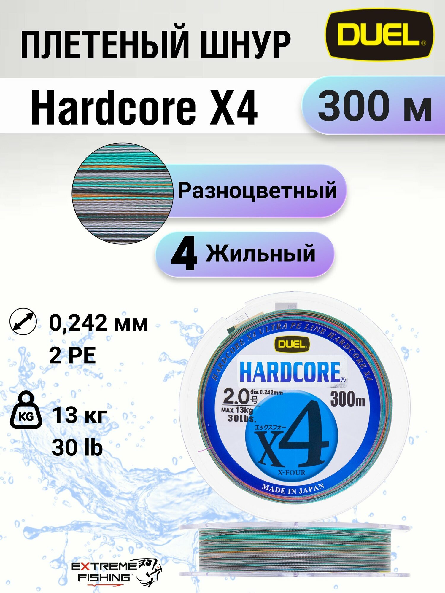Плетеный шнур Duel PE Hardcore X4, 300м, #2,0, 0,242мм, 13,0кг, 5Color Yellow Marking