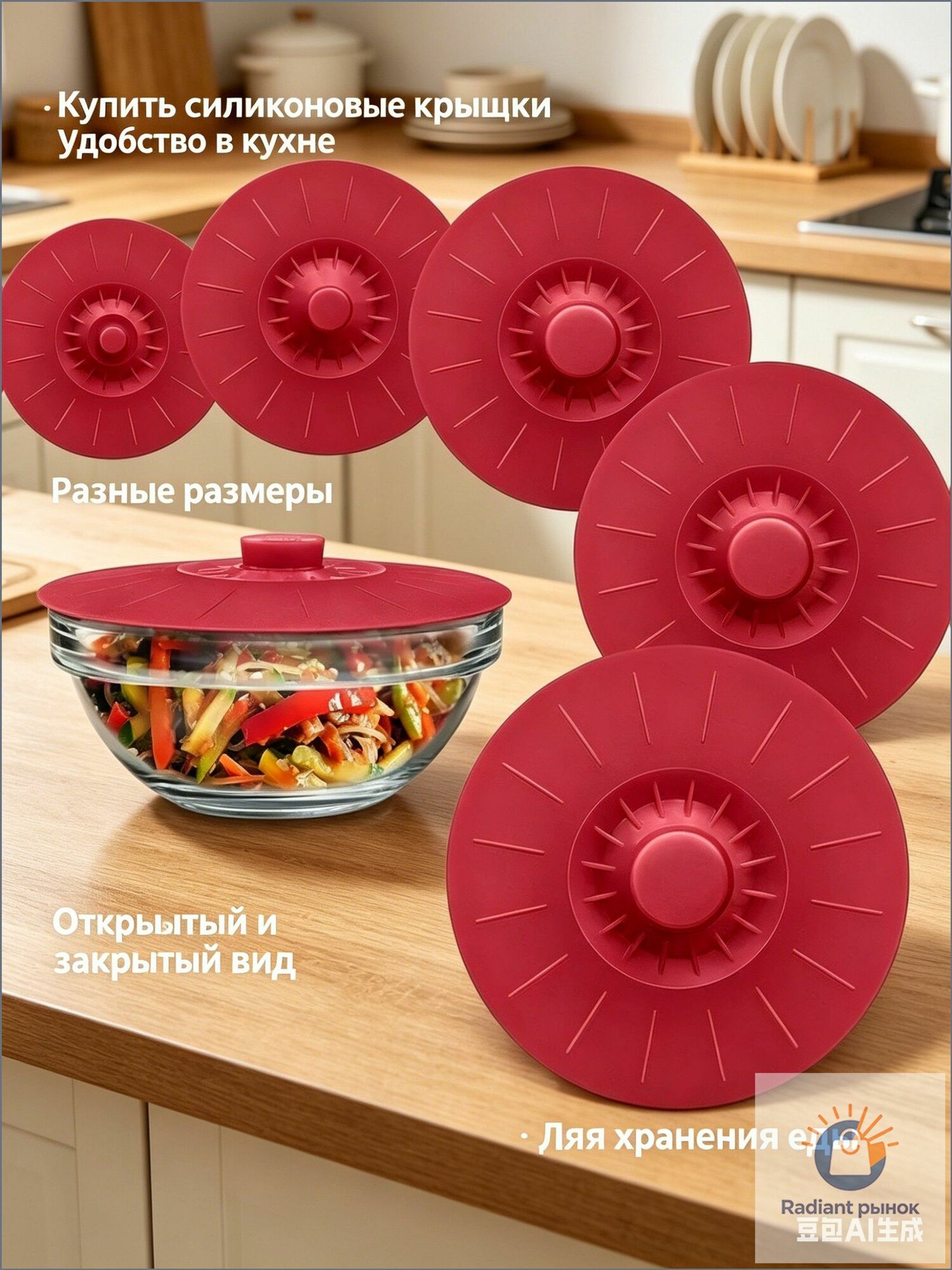 Крышка силиконовая, 28, 23, 18, 14, 12.5 см, 5 шт