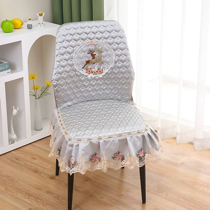 Покрывало для стула из сатина с кружевным декором и эластичной спинкой, размер 5, мягкий серый узор