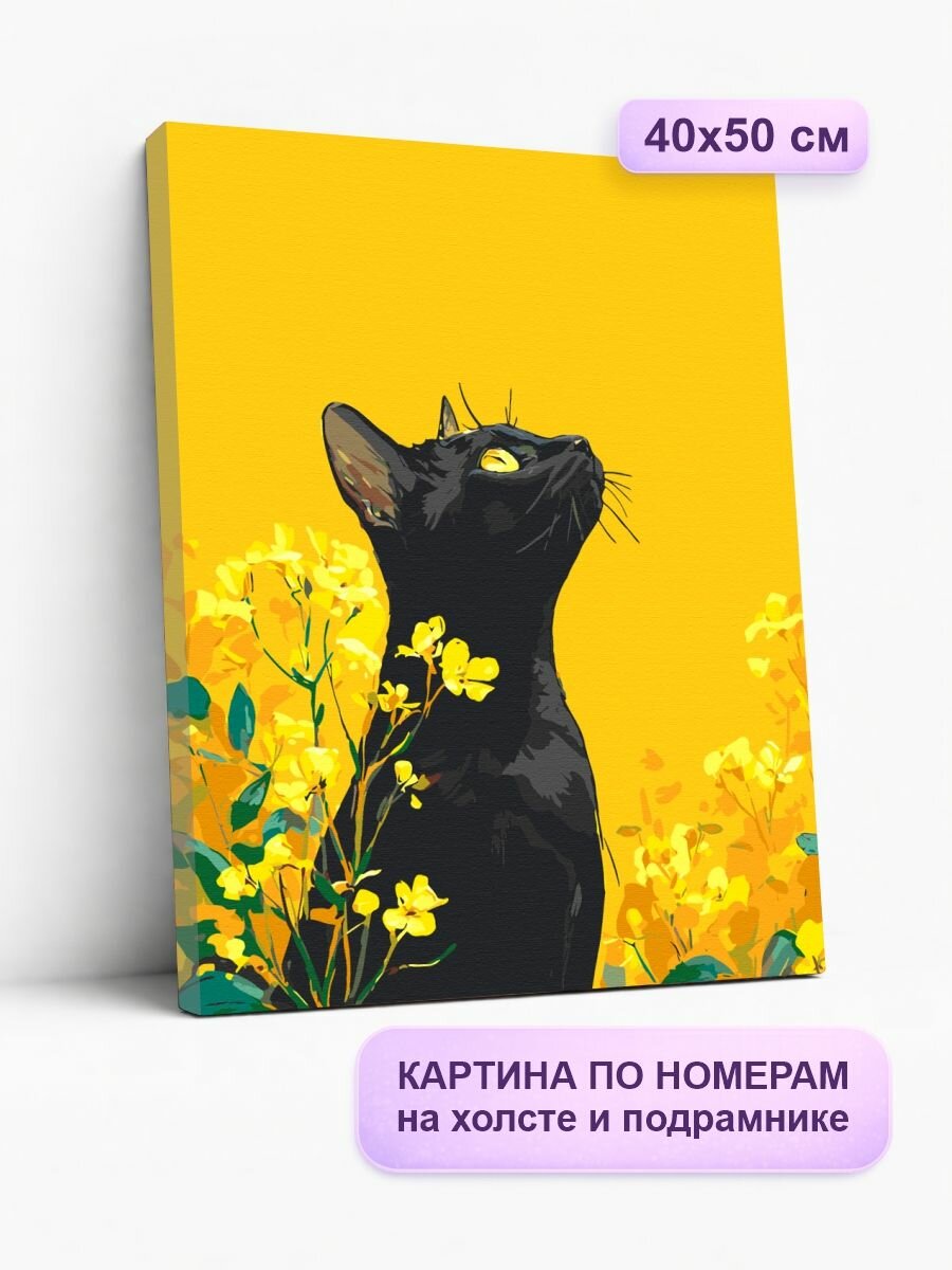 Картина по номерам на холсте с подрамником 40х50 см. Природа, животные, рыбы, птицы. Кот, кошка, котенок. "Кот и желтые цветы", арт. 8764/