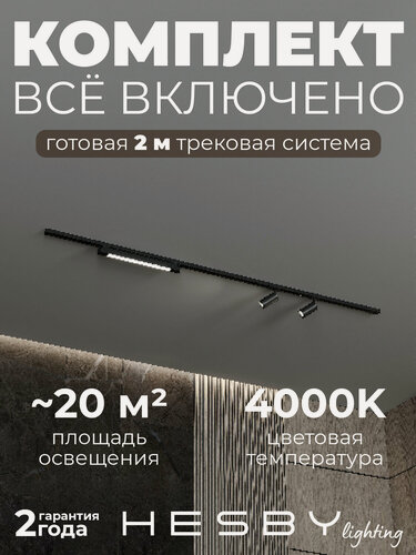 Изображение товара Накладная однофазная трековая система Skylite №5 со светильниками (220В, форма - прямая, 2м, 4000K), чёрная