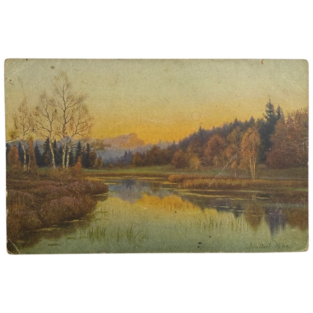 Почтовая открытка "Золотой вечер на лесном озере" 1900-1917 гг. Германская Империя