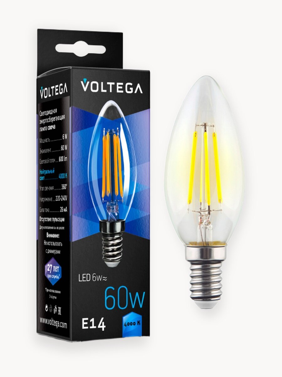 Лампочка светодиодная E14 форма свеча 6W нейтральный белый свет Voltega Crystal Candle 4000K 1 штука