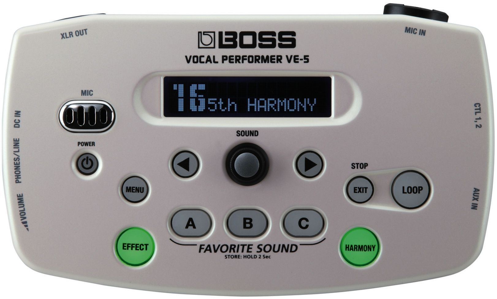 Вокальный процессор BOSS [VE-5-WH] Vocal Performer с 6 типами эффектов (Reverb, Delay, Harmony, Pitch Correct и др.), лупером (38 с), 50 ячейками памяти. Встроенный микрофон, AUX-вход, XLR-выход. Питание: 4 х AA или адаптер. Крепление на стойку.