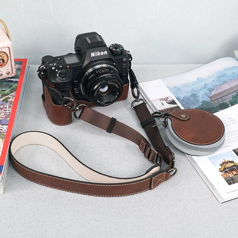 Чехол-основа из кожаной ткани с личевой узором для Nikon Z6 III, кофейный, с совместным плечевым ремнем, карточным