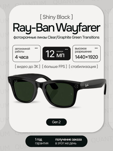 Изображение товара Умные Очки Ray-Ban Wayfarer (Gen 2) с камерой, Shiny Black/Transitions Graphite Green