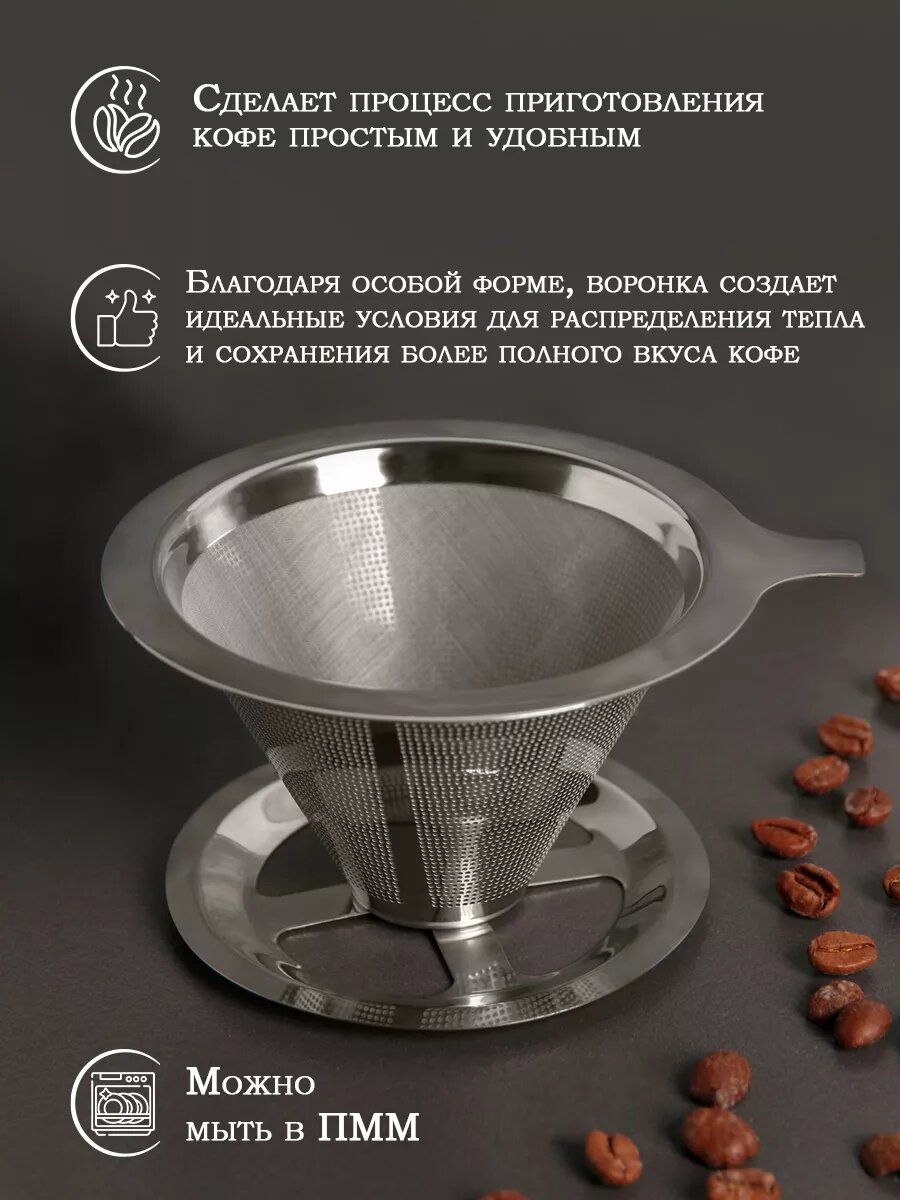 Воронка-дриппер V60 из нержавеющей стали для заваривания кофе «Пуровер», 304 сталь, 10×6 см — фото 1