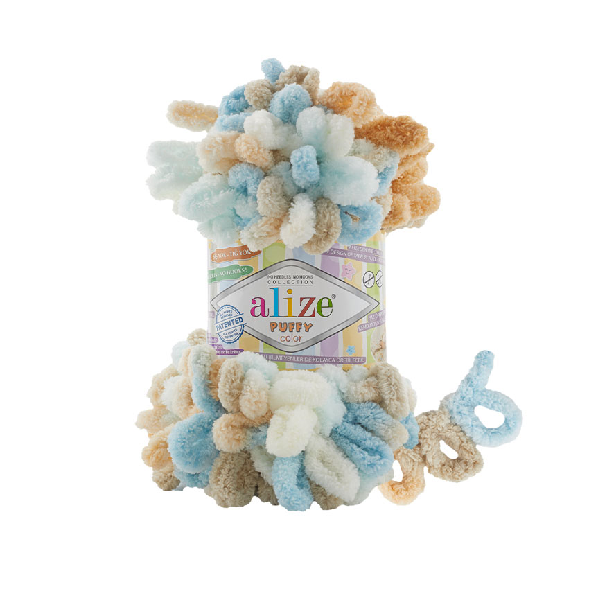 Пряжа для вязания Puffy Color Alize 1 моток (9 м, 100 гр), цвет 6530 бежевый-светлая мята-светло-беж-голубой-крем