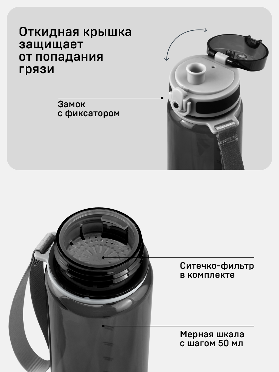 Бутылка для велосипеда 500 мл черная спортивная с фильтром и ремешком — фото 1