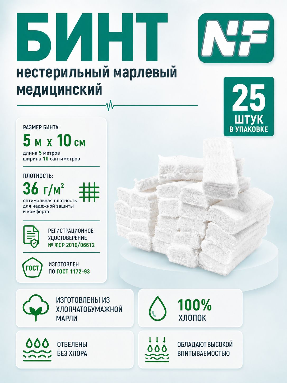Бинт медицинский марлевый нестерильный 5 м х 10 см, 36 г/м, Ньюфарм, 25 шт