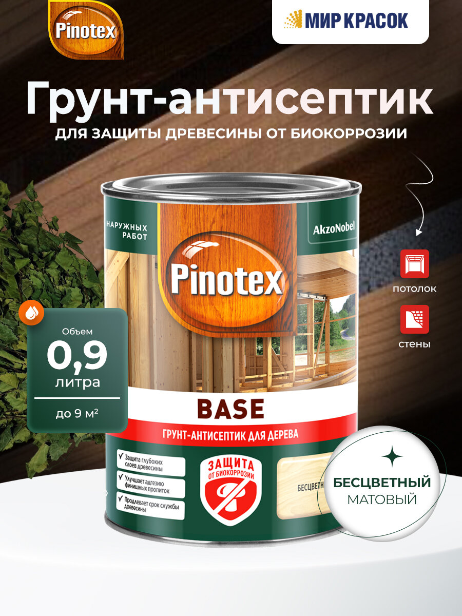 PINOTEX BASE грунт антисептик для защиты древесины от плесени и синевы для наружных работ 0.9 л