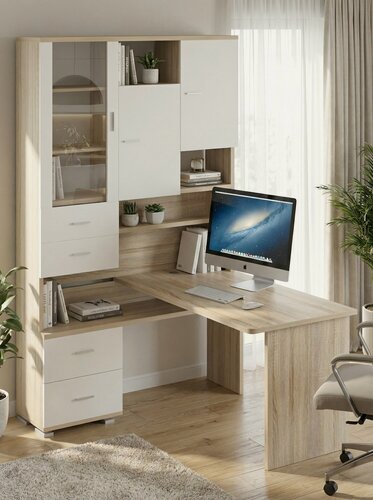 Изображение товара Стол компьютерный Мэрдэс СР-620/140 сбес-лев Сонома/Белый/Сонома, с полками, с ящиками, 130х140х216 см, угловой