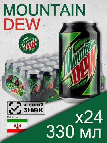 Изображение товара Mountain Dew, 0.33 л, 24 шт, банка (газированный напиток Маунтин Дью классический, лимон и лайм, MNT DEW)