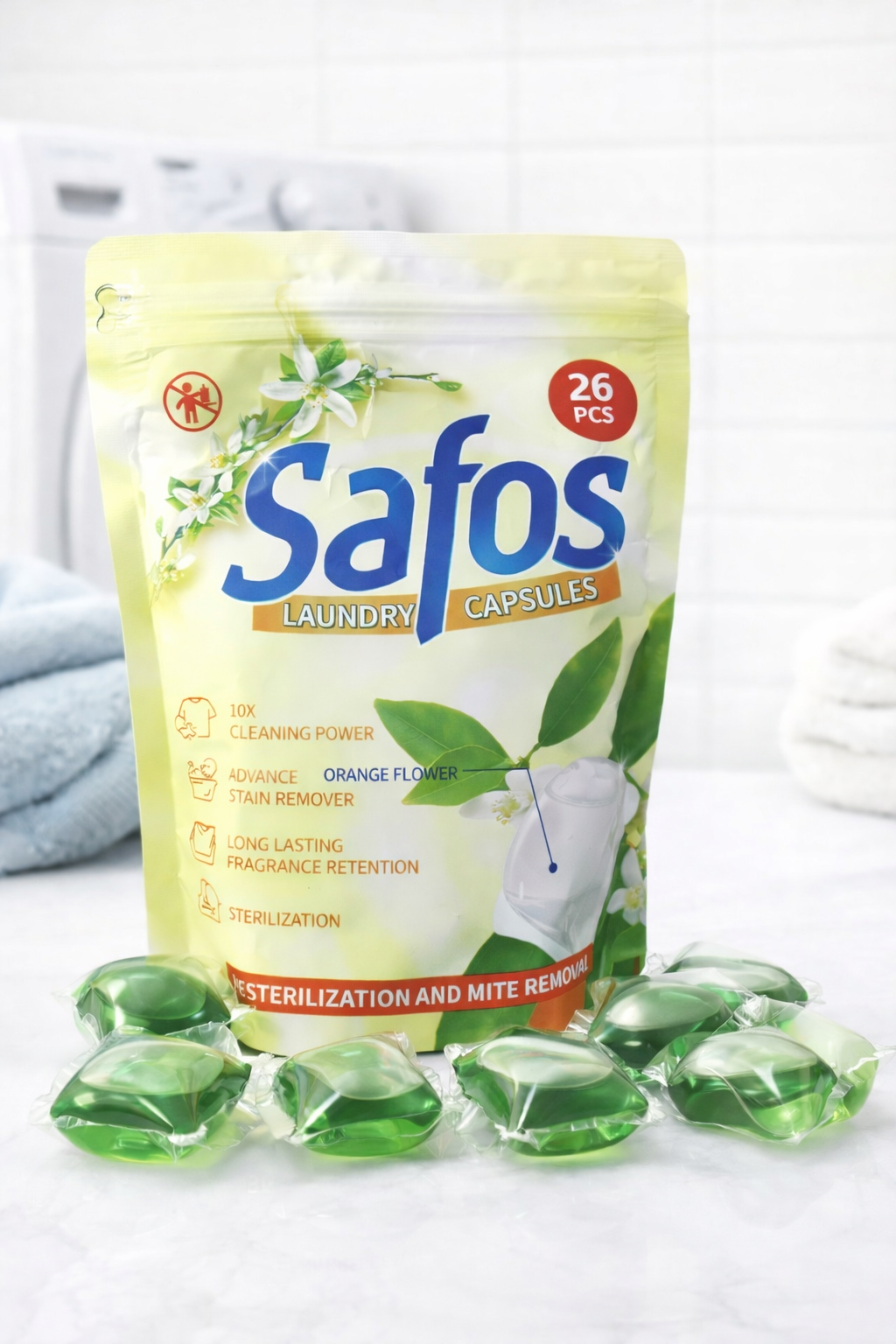 Премиальные капсулы для стирки Safos с ароматом цветка апельсина, 26 шт.