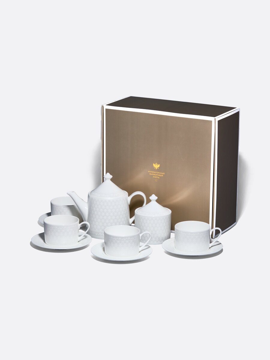 Сервиз чайный "Жемчужная сетка" форма Идиллия 4 персоны, 10 предметов, Императорский фарфоровый завод