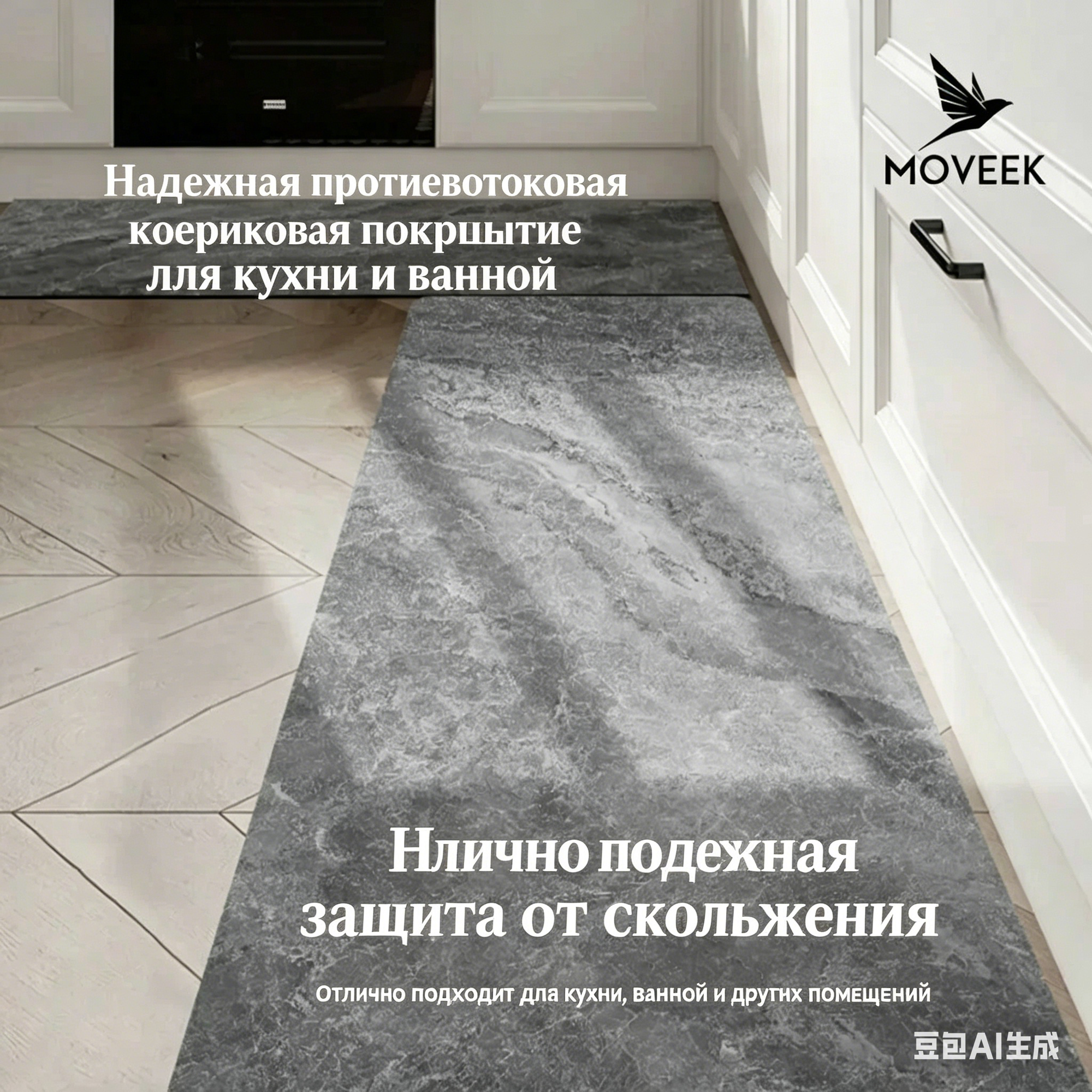 Коврик "Серый мрамор", нескользящая основа, влаговпитывающая дорожка, серый