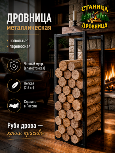 Изображение товара Дровница металлическая LOFT компактная, устойчивая, чёрный муар, 80 см