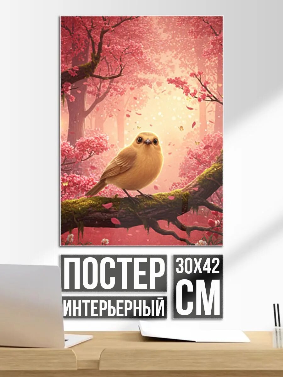 Постер на стену Желтая птица в розовом цветущем лесу