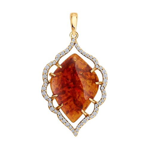 фото Подвеска diamant online, серебро, 925 проба, золочение, янтарь, фианит, коричневый