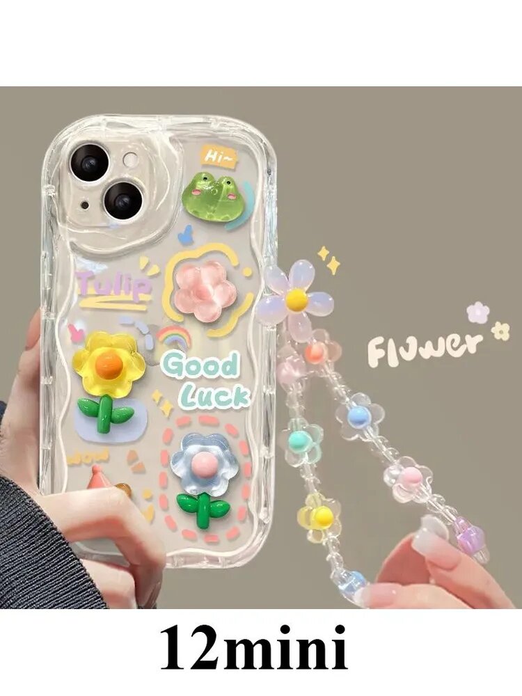 Телефонный чехол iPhone 12mini / Айфон 12mini с объемными цветами и милыми декоративными животными, поставляется, с телефонной подвеской
