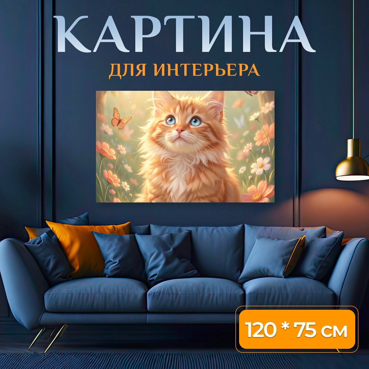 Картина на холсте "Рыжий котенок с бабочками. Милый пушистый питомец с голубыми глазами среди нежных полевых цветов и порхающих бабочек." на подрамнике 120х75 см. для интерьера