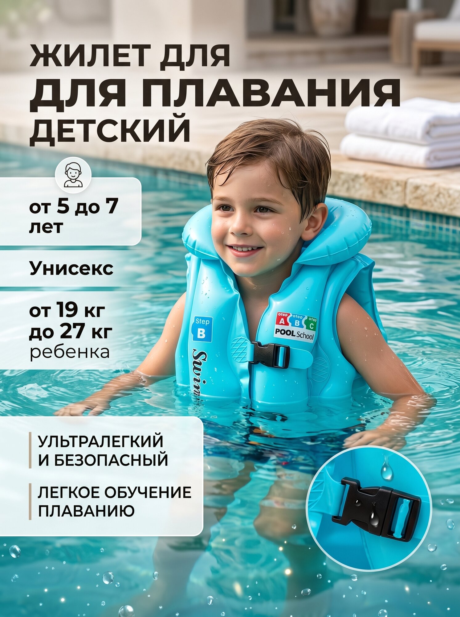 Жилет для плавания детский, размер B (M), 5-7 лет, голубой