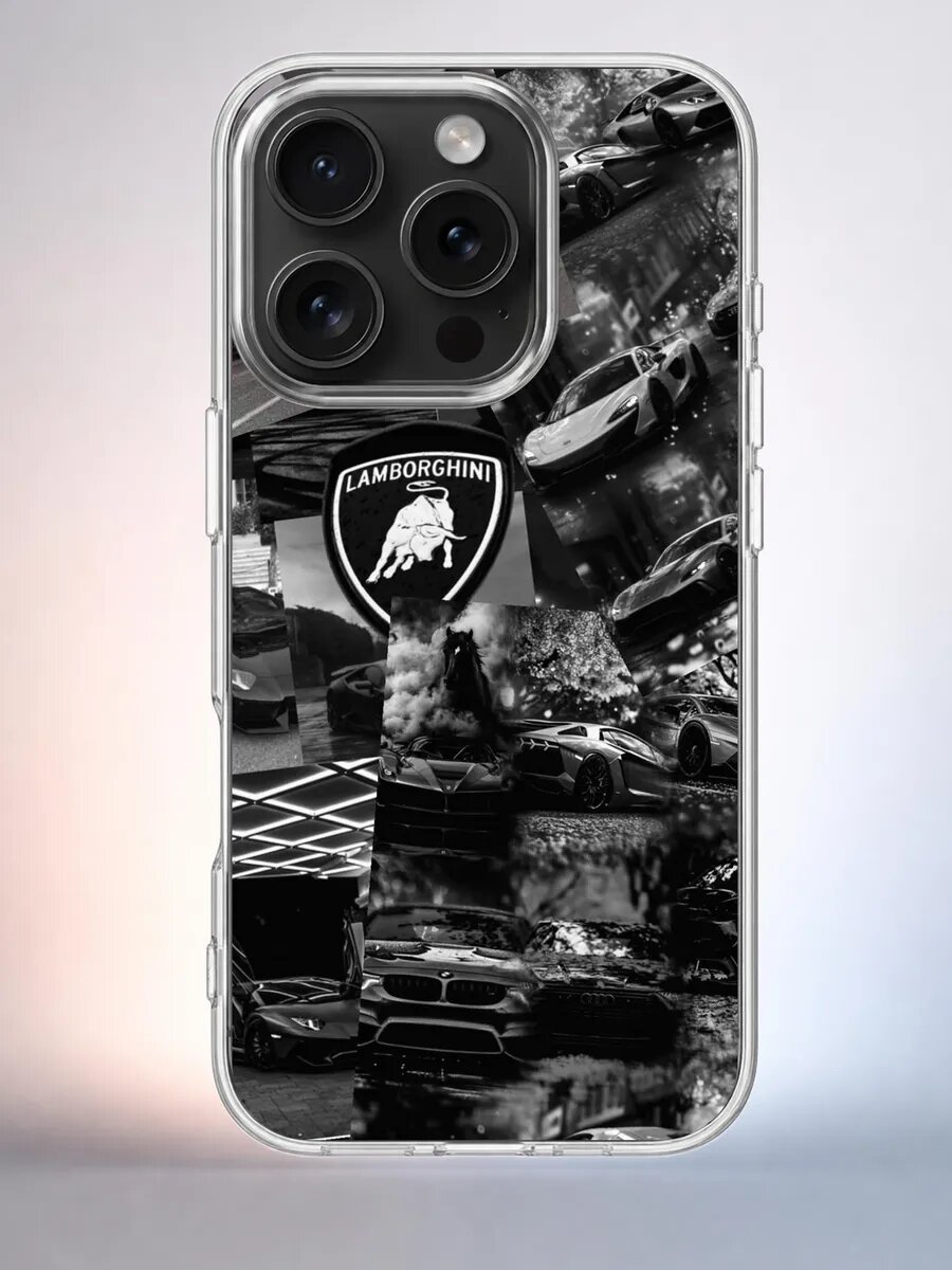 Чехол iPhone 15 Pro Коллаж Lamborghini силиконовый