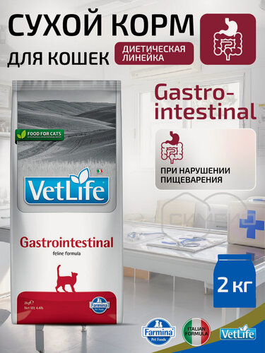 Изображение товара Сухой диетический корм для кошек Farmina Vet Life GastroIntestinal с нарушениями процессов переваривания и всасывания в кишечнике, 2 кг