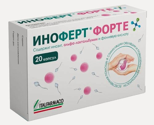 Изображение товара БАД Иноферт форте, содержит инозит, альфа-лактальбумин, фолиевую кислоту, 20 капсул