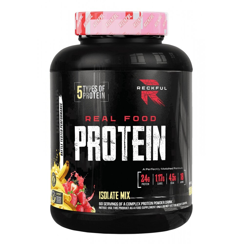 Протеин многокомпонентный Reckful Real Food Protein, 1800 г, Вкус Strawberry Banana / Клубника Банан