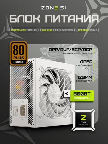 Изображение товара Блок питания ZONE 51 "Apex 80 Plus Bronze White", ATX 2.31, 800Вт, белый