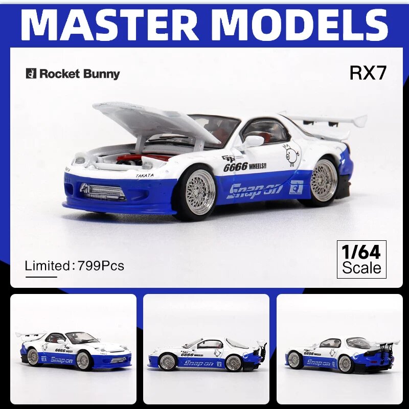 Модель автомобиля Mazda RX-7 FD3S Rocket Bunny 1:64 широкий обвес из сплава - бело-синий дуальный тон, открыть капот