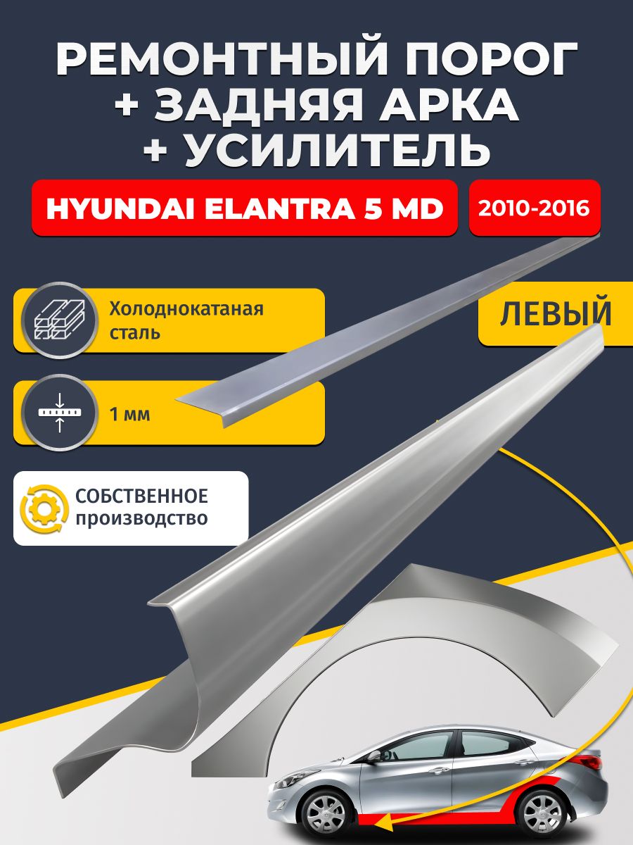 Левая ремонтная задняя арка (0,8 мм) и левый ремонтный стандартный порог (1 мм) + усилитель (1мм) на Hyundai Elantra 5 MD 2010-2016 седан (Элантра МД). Материал холоднокатаная сталь.