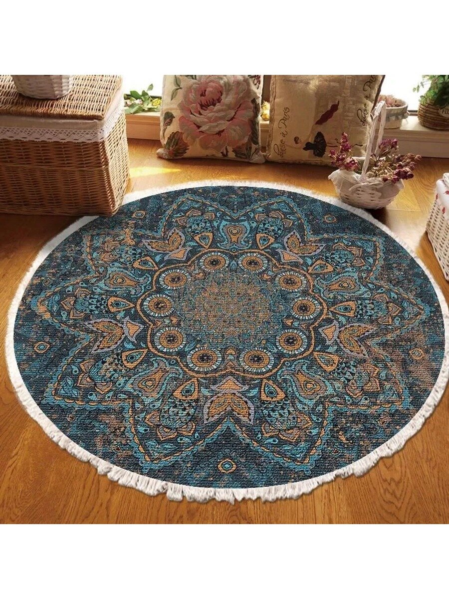 Круглый ковер 150x150 см, многоцветный GH118, этнический принт, полиэфирное волокно