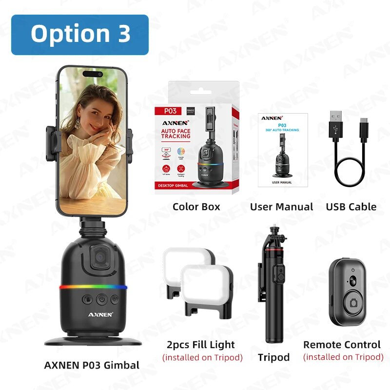 AXNEN P03 Gimbal с подсветкой, штативом и пультом, Option 3