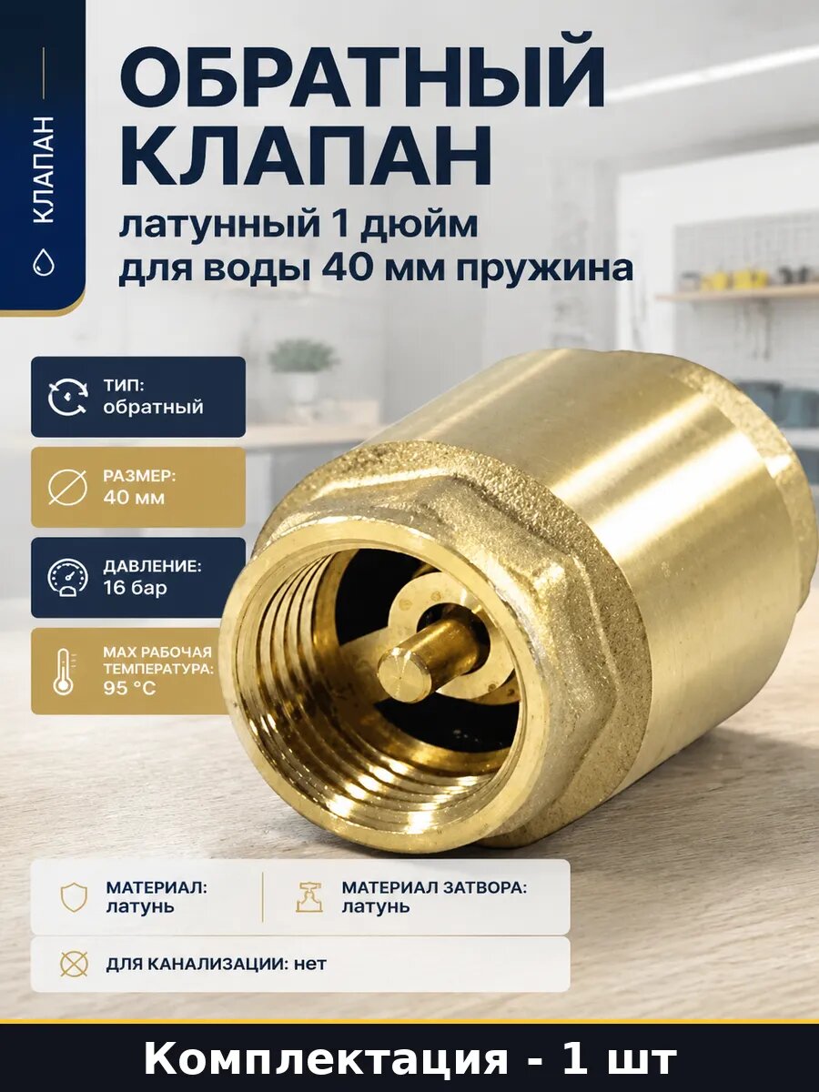 Обратный клапан латунный 1 дюйм для воды 40 мм пружина