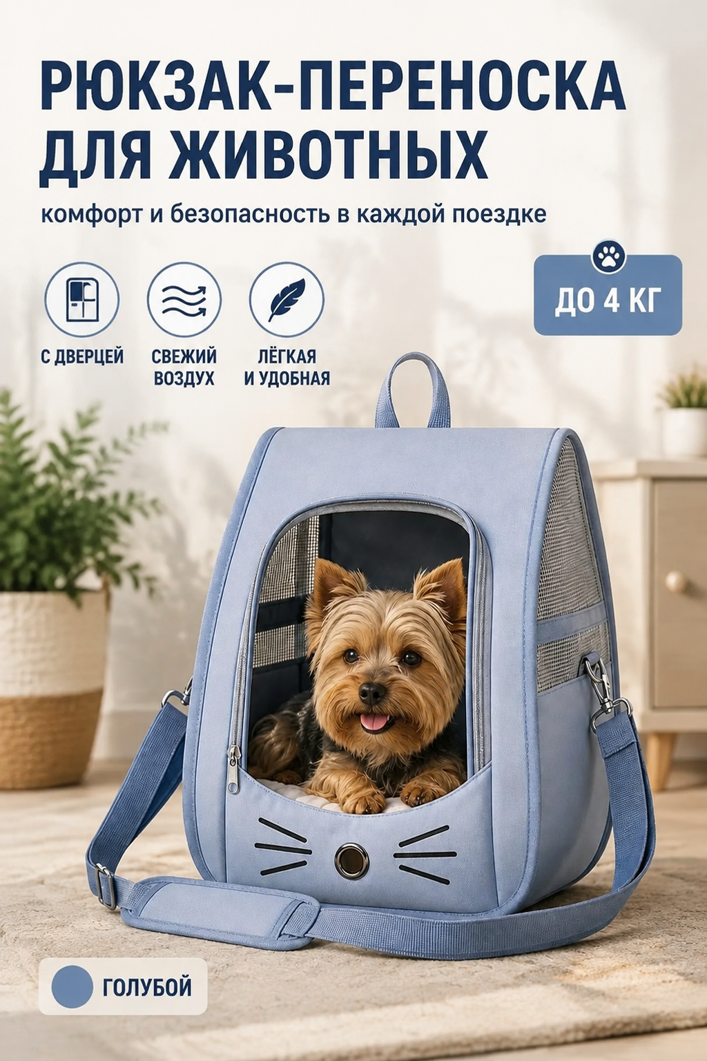 Рюкзак-переноска для животных с дверцей, голубой, до 4 кг, 35×35×25 см