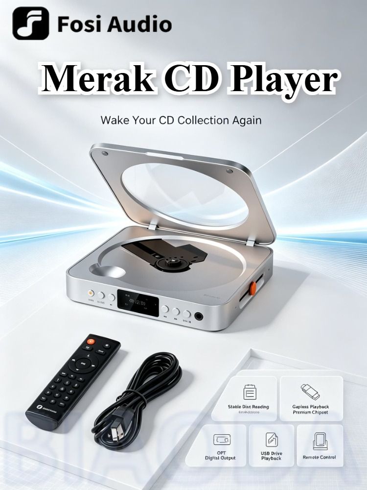 CD-плеер Fosi Audio Merak HiFi с ДУ и ЦАП CS43131, мощность 210 мВт x 2, серебристый цвет, напряжение 220 В