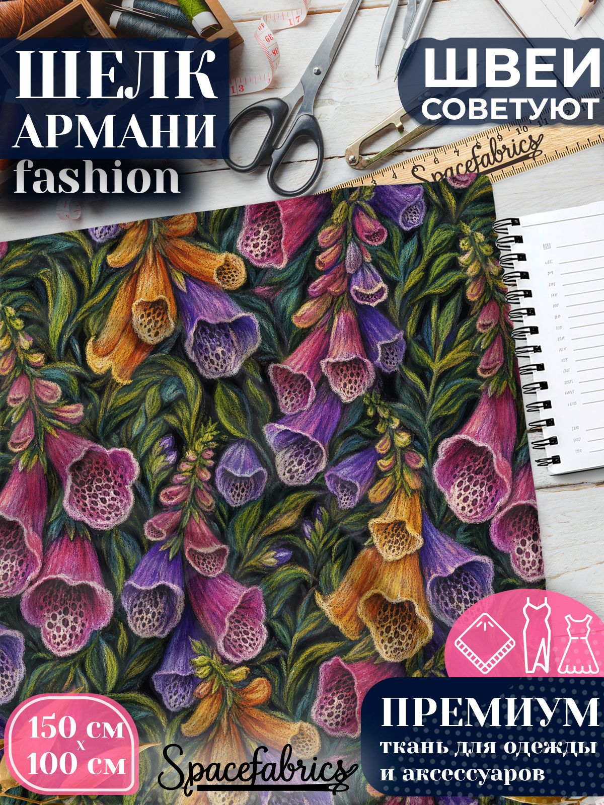 Ткань для шитья шелк Армани, искусственный шелк для костюмов, платьев, юбок с принтом Наперстянка