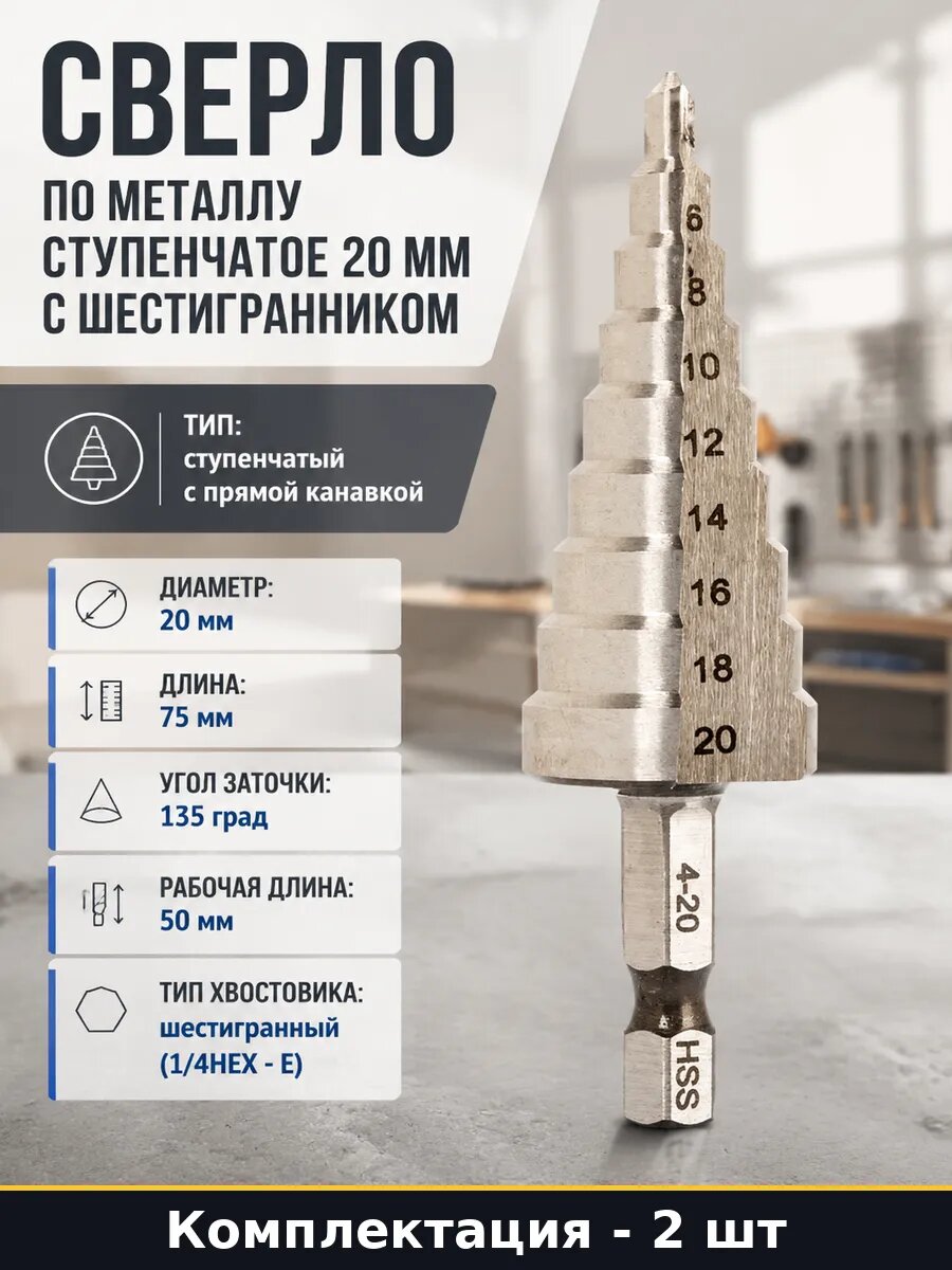 Сверло ступенчатое 4-20 мм по металлу Р6М5 шестигранный 2 шт