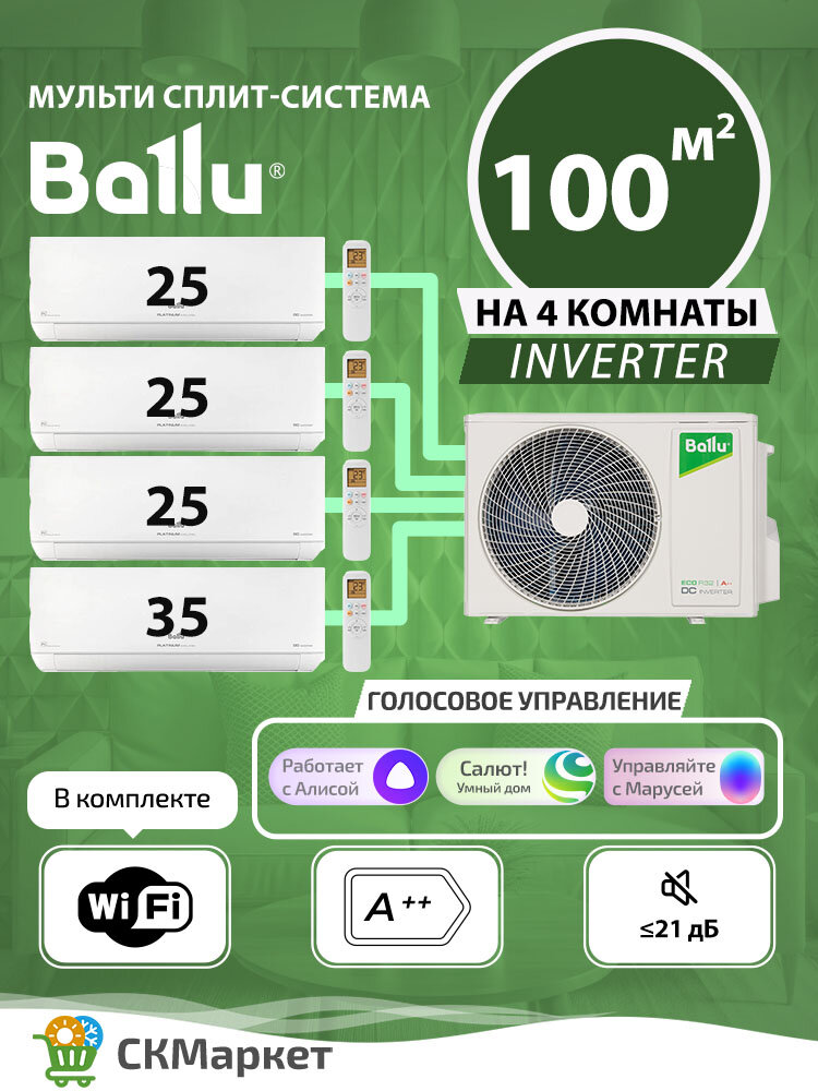 Мульти сплит система на 4 комнаты с Wi-Fi (25+25+25+35) кв. м. BALLU Platinum Evolution BSUI-FM/in-09x3+12 HN8/ BA4OI-FM/out-36HN8/EU, кондиционер инверторный, комплект белого цвета