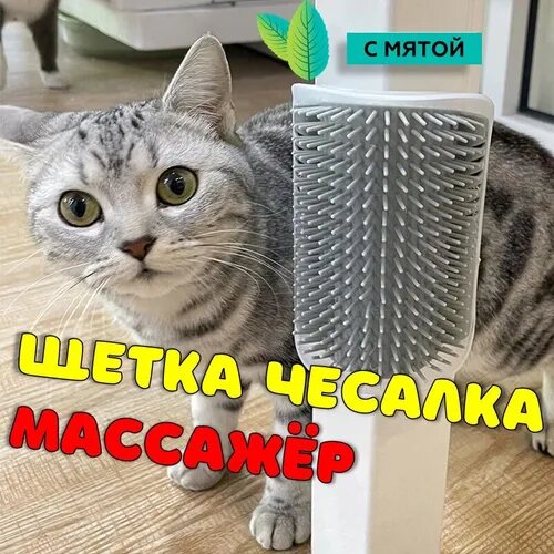 Чесалка для кошек угловая с кошачьей мятой, щетка для кошек, массажер для животных с креплением на стену. Грумер. Серый цвет