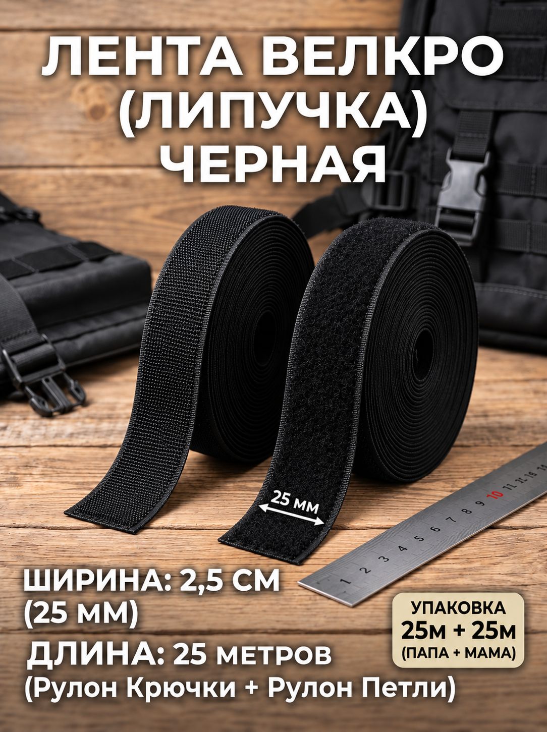 Липучка /контактная лента / велкро / петля+крючок, Ширина 25мм, цв. чёрный, длина 25 метров