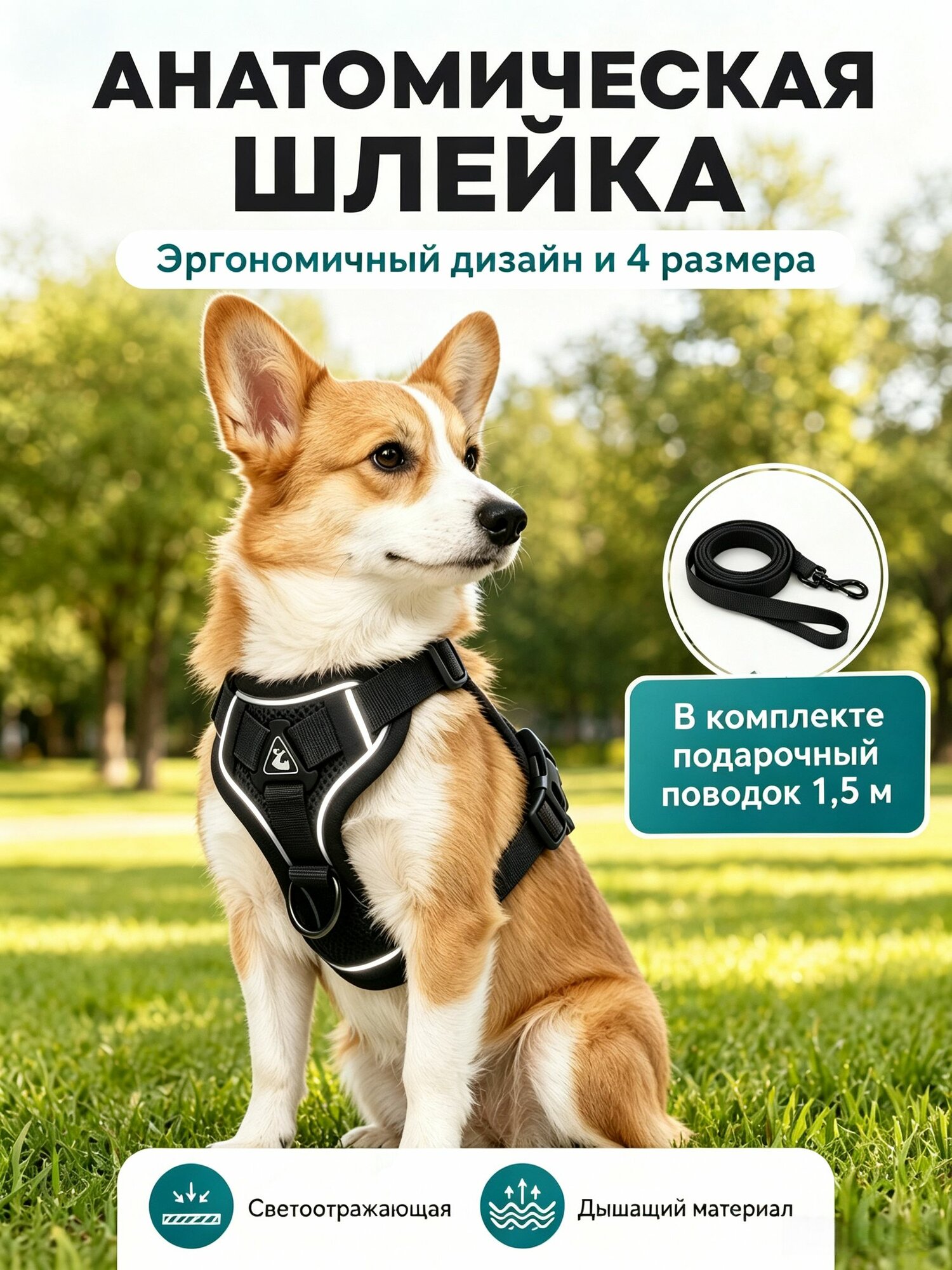 Анатомическая сетчатая шлейка для собак мягкая дышащая, светоотражающая лента, два D-кольца, регулируемая для мелких, средних и крупных пород, в комплекте поводок