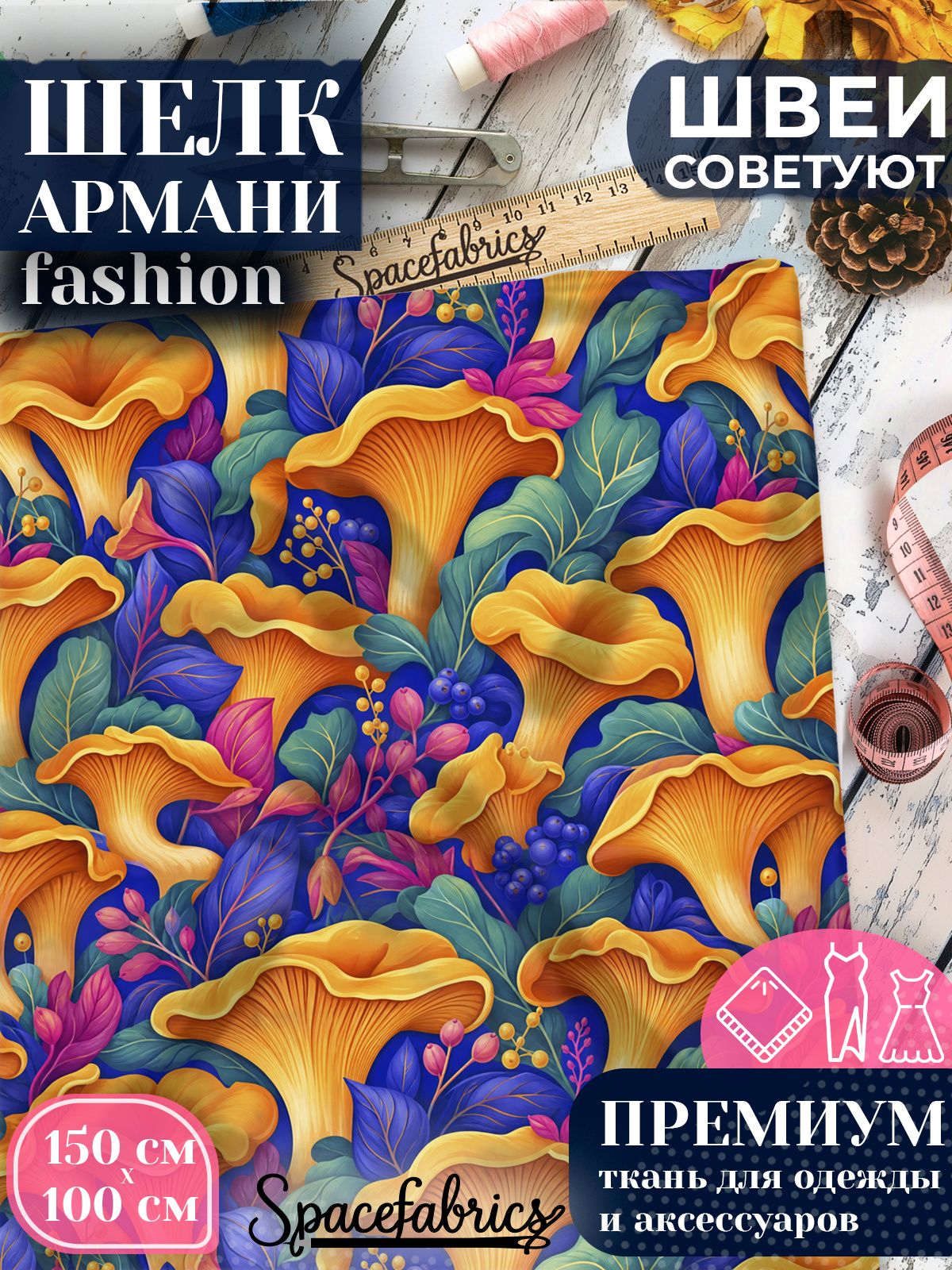 Ткань для шитья шелк Армани, искусственный шелк для костюмов, платьев, юбок с принтом Грибы лисички