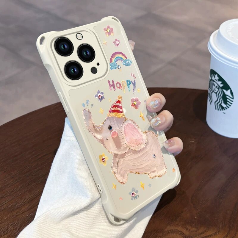 Чехол для iPhone 12 из силикона антик-белый с рисунком слона и защитным стеклом