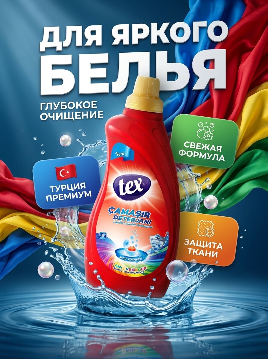 Гель для стирки TEX автомат для цветного белья, 1л, производство Турция