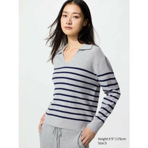 фото Свитер uniqlo washable knit ribbed polo sweater striped, 1 шт., размер m, , серый