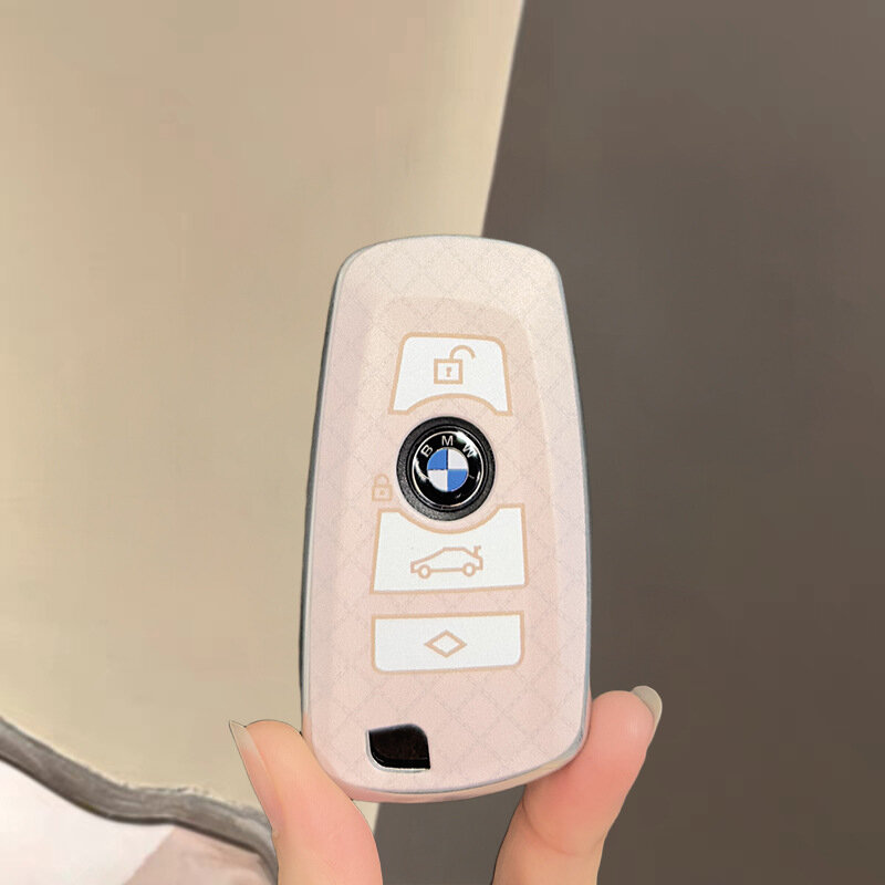 Чехол для ключа BMW для моделей 3-й, 5-й, X1, X3, X5, X2, iX3, i3 - Ромбовый узор розовый одинарный корпус высокое