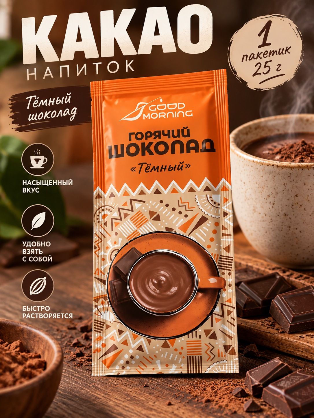 Какао напиток 1 пакетик 25 грамм шоколад горячий растворимый темный